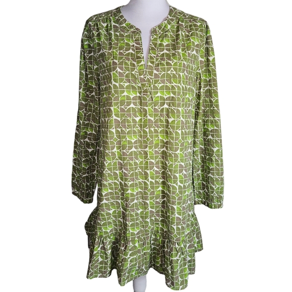 Jessica Simpson Green Brown Cotton Geometric Print Dress Sz M Ruffle Hem READ - Picture 1 of 14